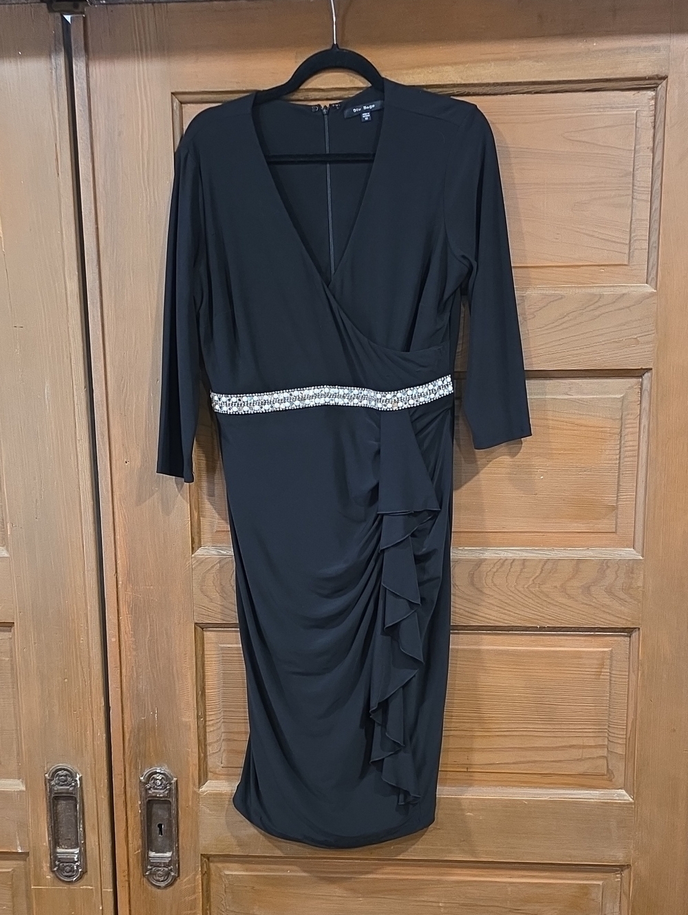 Blu Sage Black Long Sleeve V-Neck Dress with Rhinestone Waist